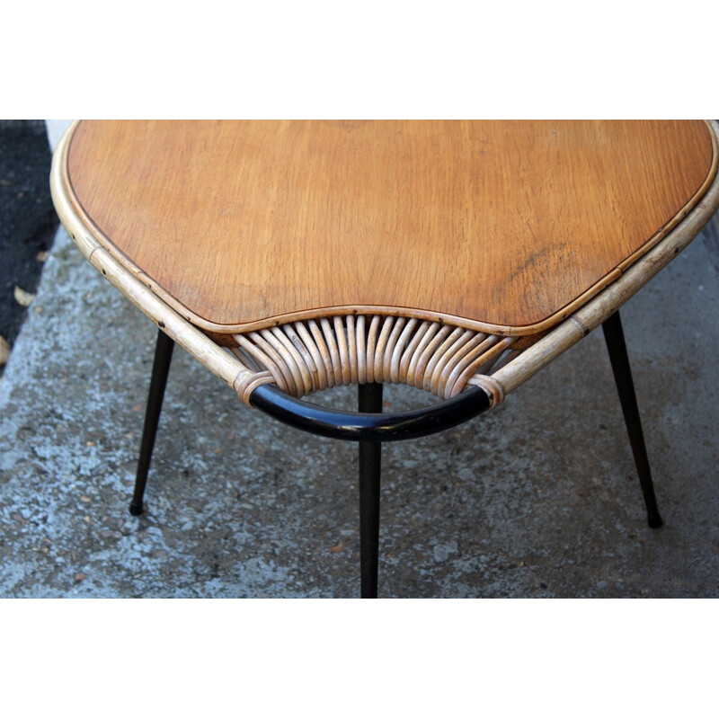 Vintage coffee table in metal, wood and rattan - 1950s