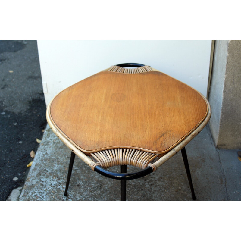 Vintage coffee table in metal, wood and rattan - 1950s