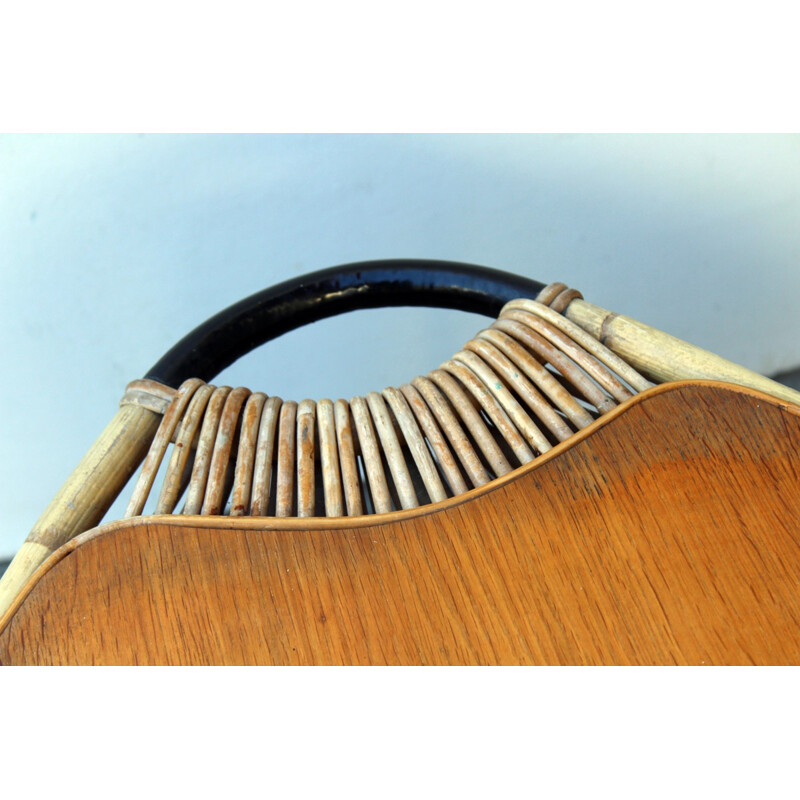 Vintage coffee table in metal, wood and rattan - 1950s