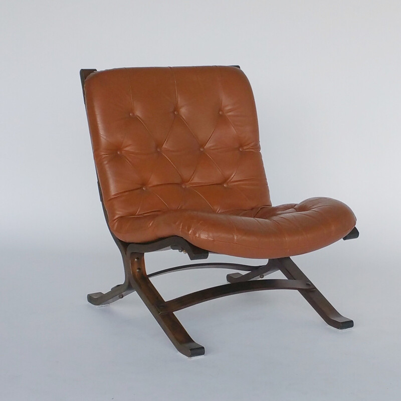 Fauteuil vintage en cuir marron par Ingmar Relling pour Westnofa - 1960