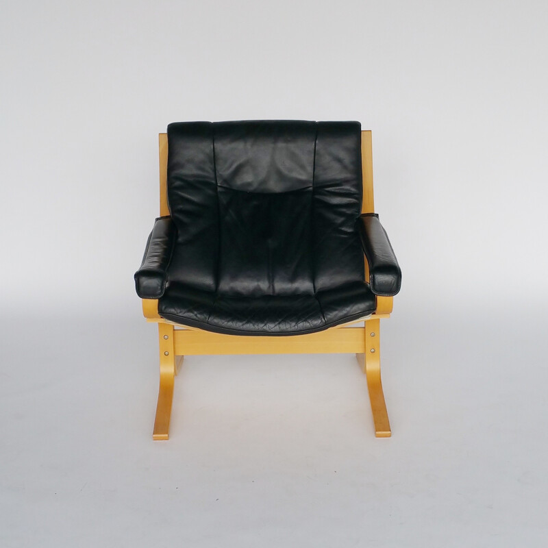 Pair of Black Leather Siesta Lounge Chairs by Ingmar Relling for Westnofa - 1970s