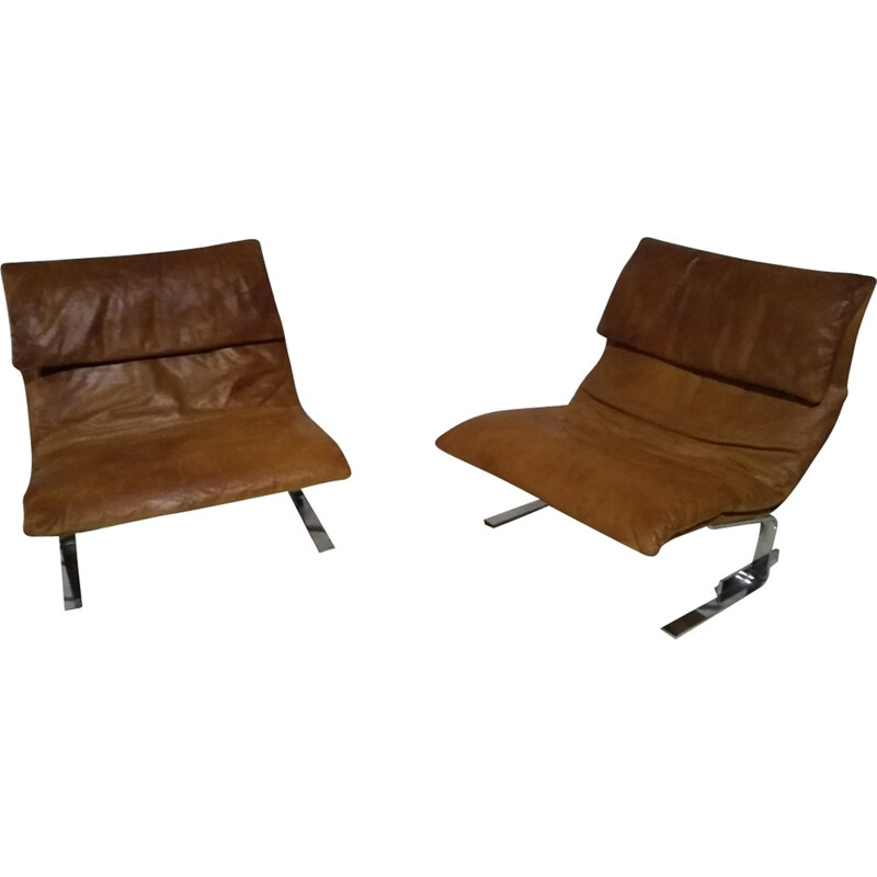2 fauteuils Onda cognac de Giovanni Offredi pour Saporiti - 1970