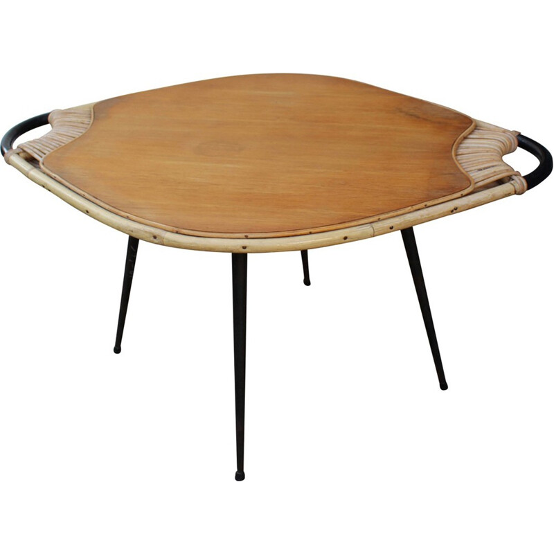 Vintage coffee table in metal, wood and rattan - 1950s