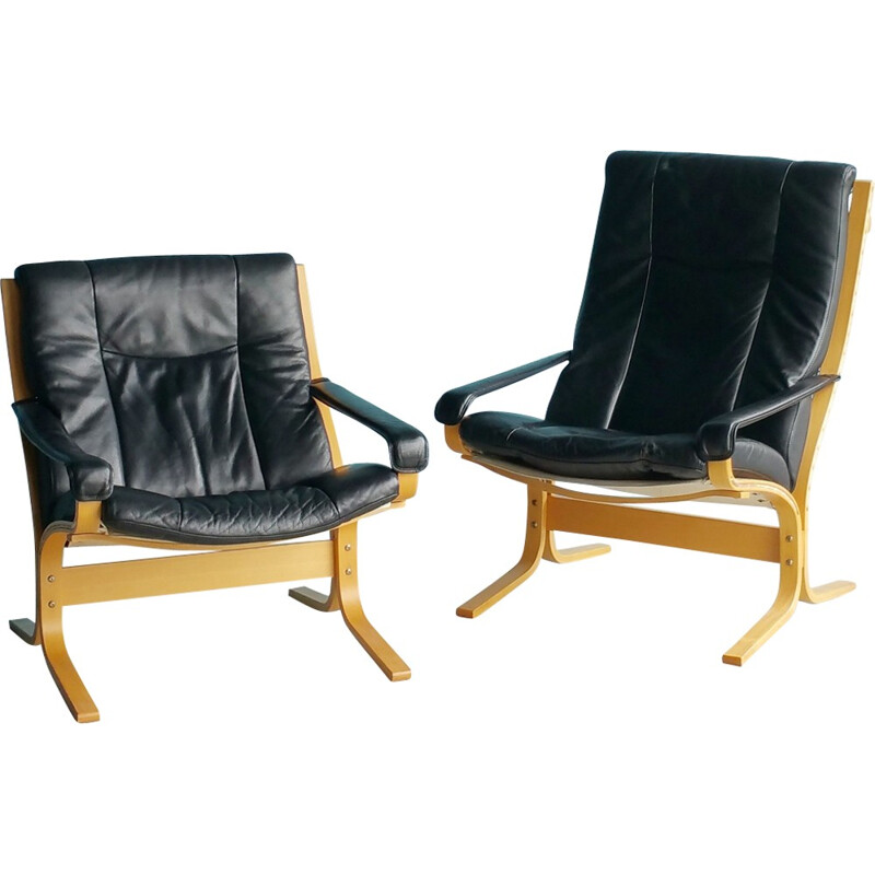 Pair of Black Leather Siesta Lounge Chairs by Ingmar Relling for Westnofa - 1970s