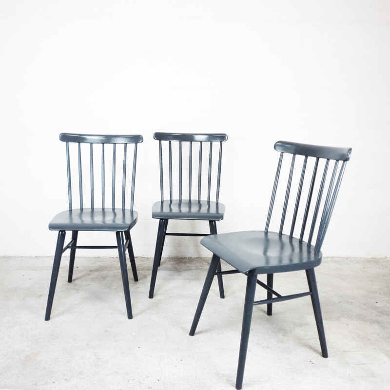 Set of 3 grey chairs in wood - 1970s 