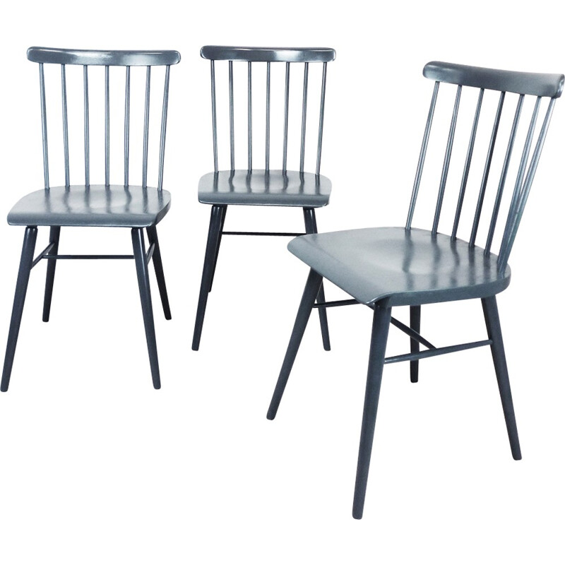 Set of 3 grey chairs in wood - 1970s 