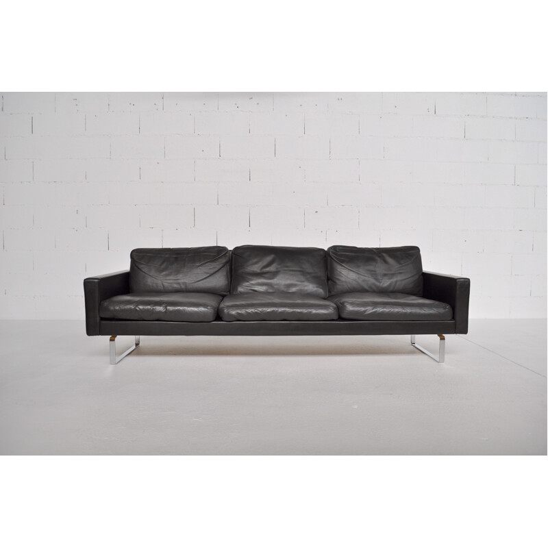 Black sofa in leather and chromed steel -  1970s