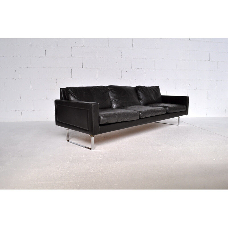 Black sofa in leather and chromed steel -  1970s