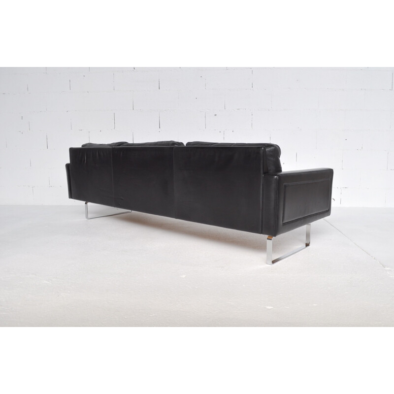 Black sofa in leather and chromed steel -  1970s