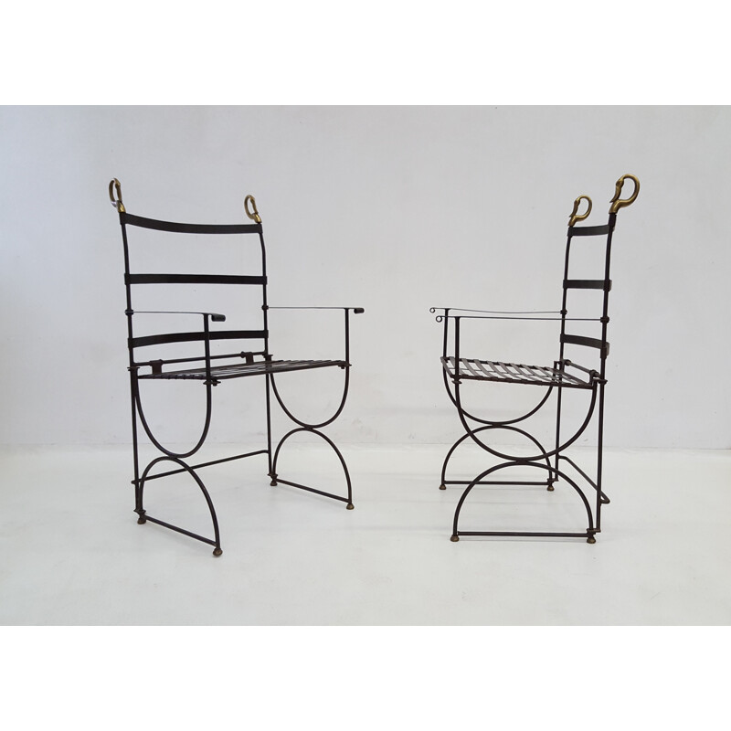 Pair of neoclassic folding armchairs in metal and bronze - 1970s