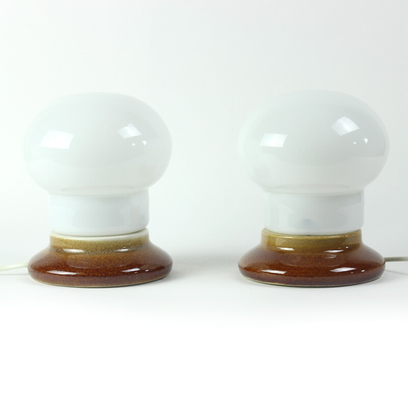 Pair of White Glass and Porcelain Table Lamps, Czechoslovakia - 1970s