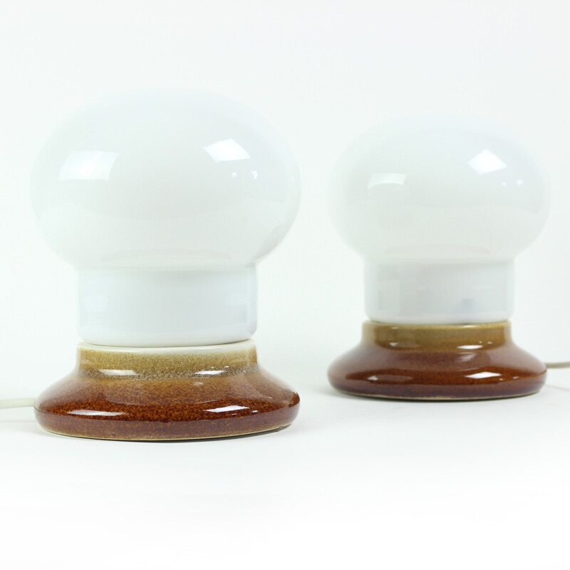 Pair of White Glass and Porcelain Table Lamps, Czechoslovakia - 1970s