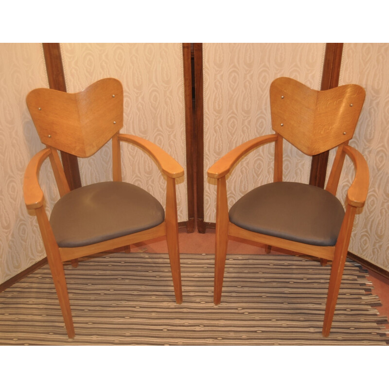 Pair of armchairs with a backrest in the shape of a heart - 1950s