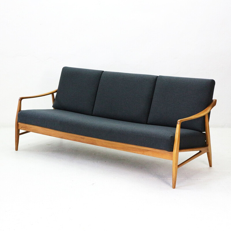 Mid-Century walnut sofa by Laauser, new covers - 1950s