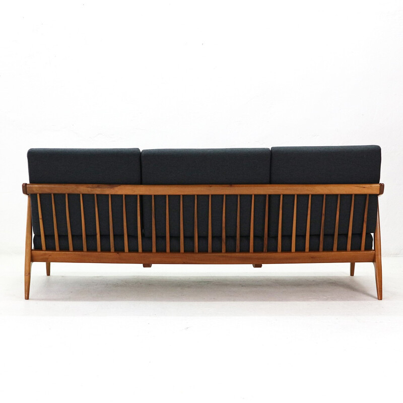 Mid-Century walnut sofa by Laauser, new covers - 1950s