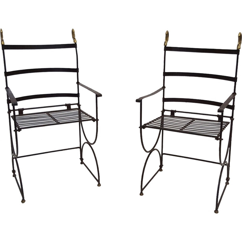 Pair of neoclassic folding armchairs in metal and bronze - 1970s