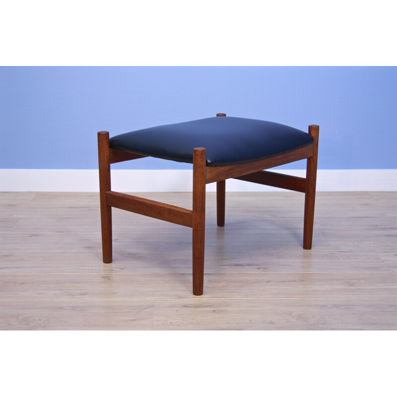 Danish footstool in teak and black leatherette - 1960s