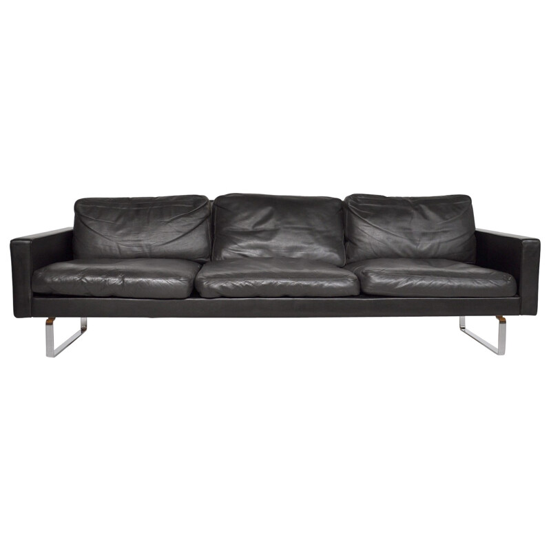 Black sofa in leather and chromed steel -  1970s