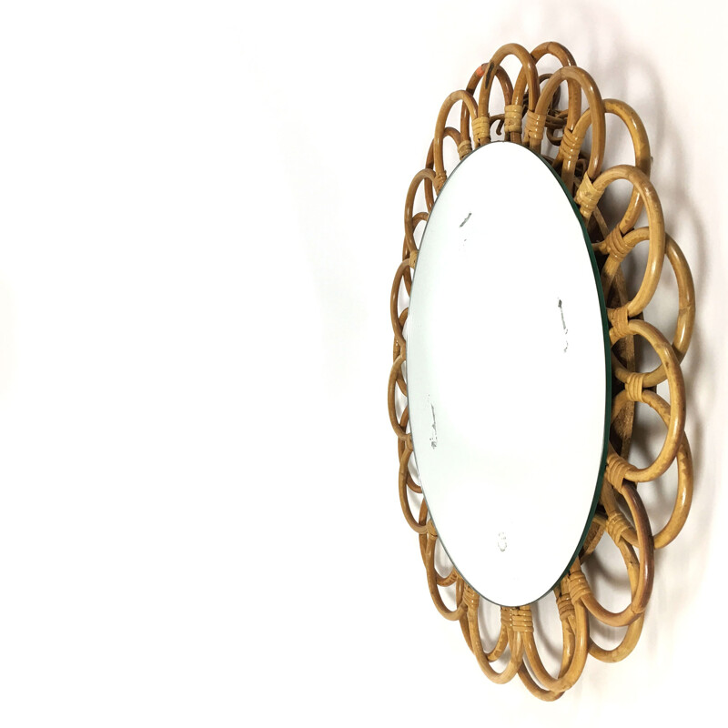 Grand miroir vintage en rotin français - 1960