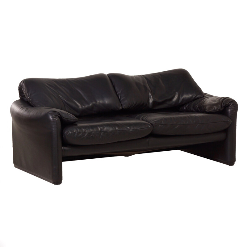 Maralunga 2-Seater black leather sofa by Vico Magistretti for Cassina - 1970s