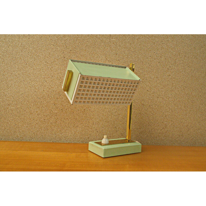 Cubic German table lamp in mint green with brass - 1950s