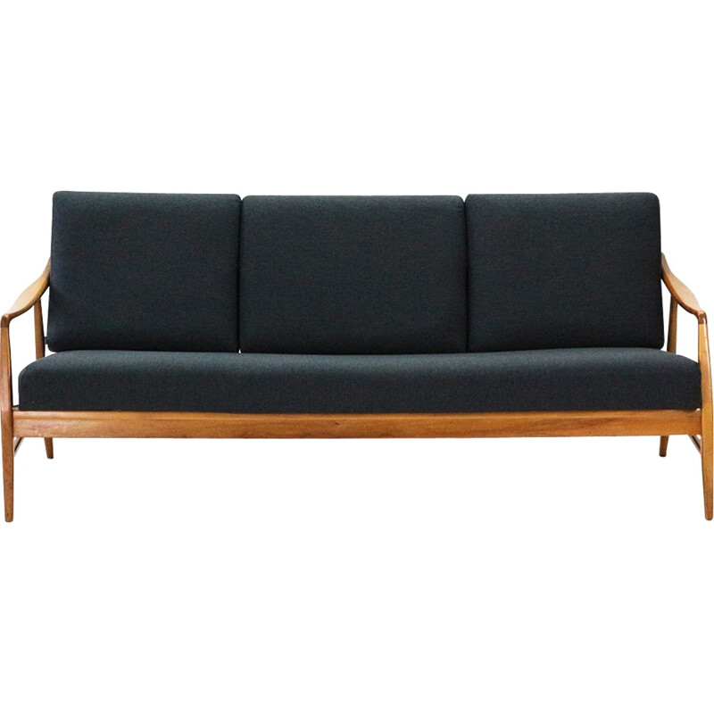 Mid-Century walnut sofa by Laauser, new covers - 1950s
