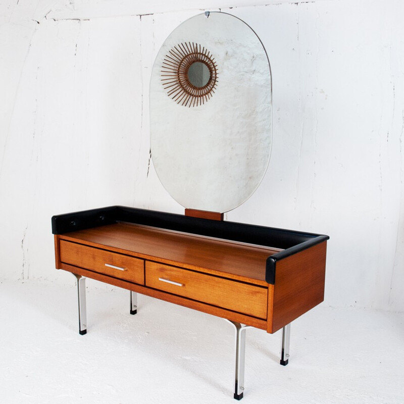 Dressing table in teak, metal and black leatherette - 1960s