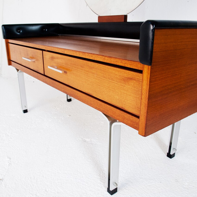 Dressing table in teak, metal and black leatherette - 1960s
