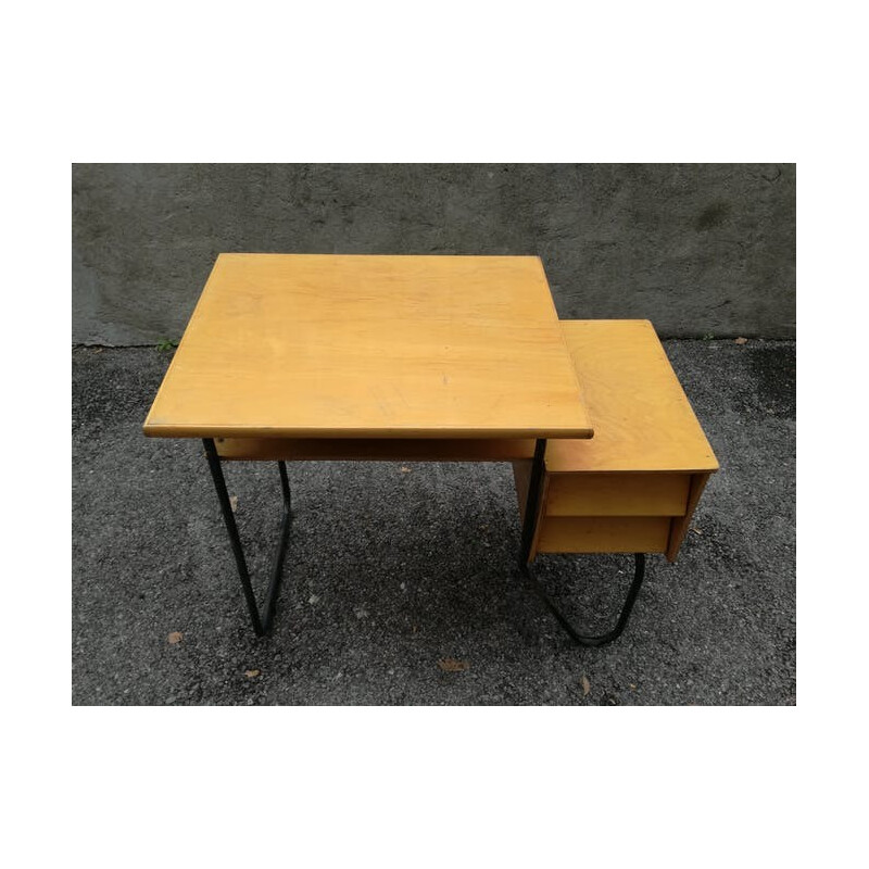 Vintage french wooden and metal desk - 1950s