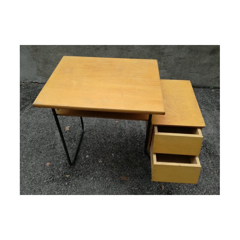 Vintage french wooden and metal desk - 1950s