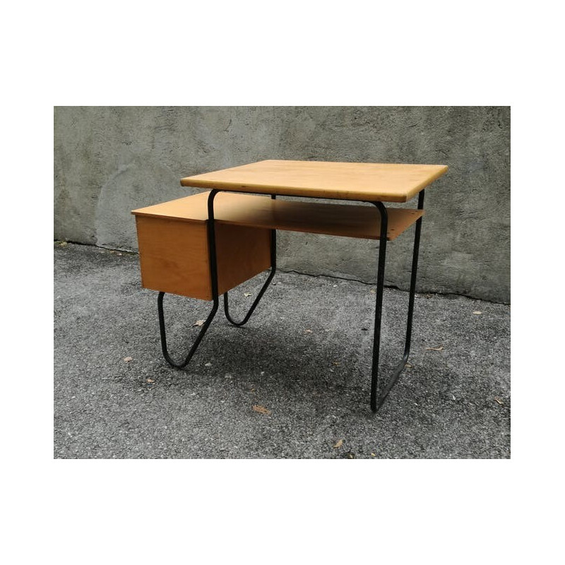 Vintage french wooden and metal desk - 1950s