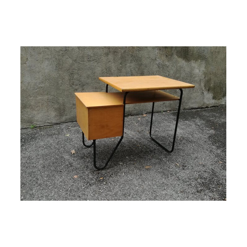 Vintage french wooden and metal desk - 1950s