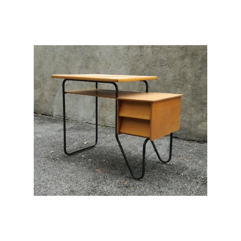 Vintage french wooden and metal desk - 1950s