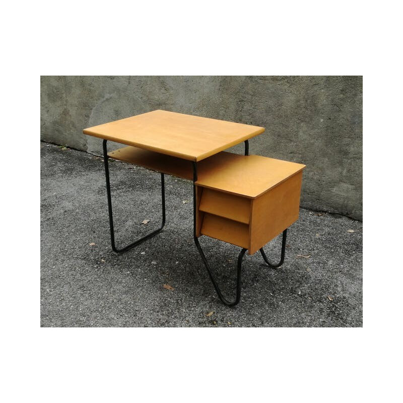 Bureau vintage français bois et métal - 1950