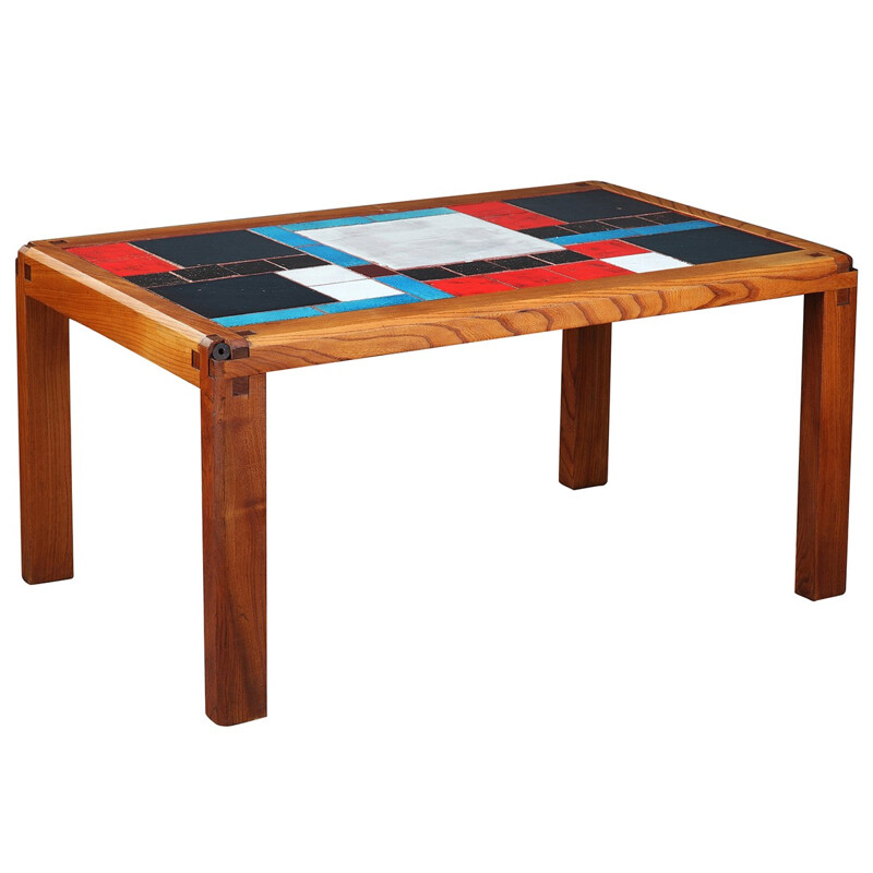 Coffee table in solid elm and ceramic tiles by Pierre Chapo - 1960s