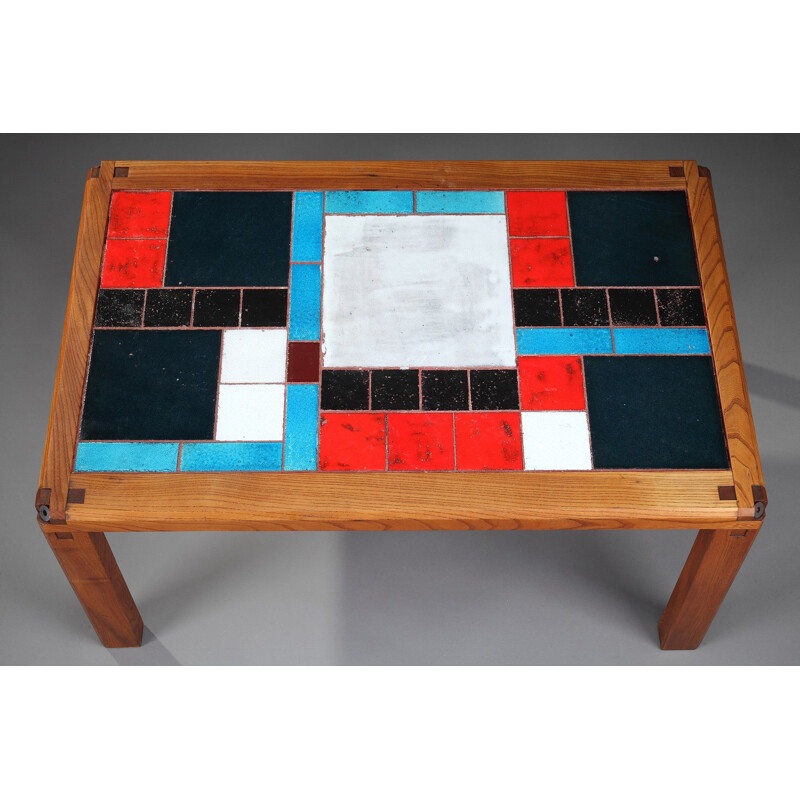 Coffee table in solid elm and ceramic tiles by Pierre Chapo - 1960s