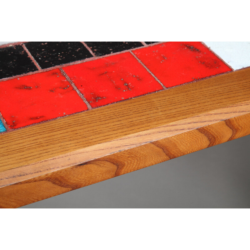 Coffee table in solid elm and ceramic tiles by Pierre Chapo - 1960s