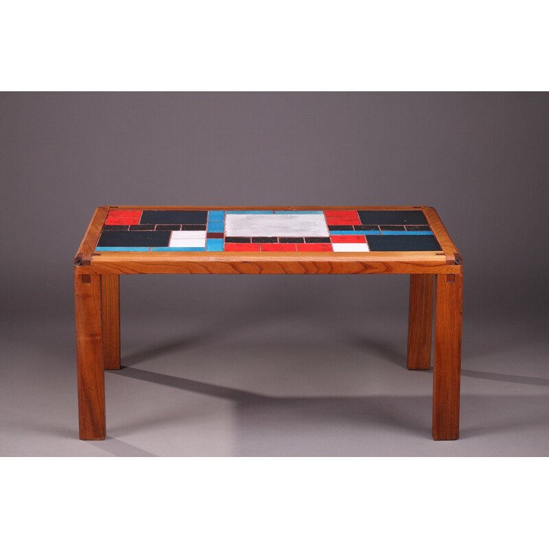 Coffee table in solid elm and ceramic tiles by Pierre Chapo - 1960s