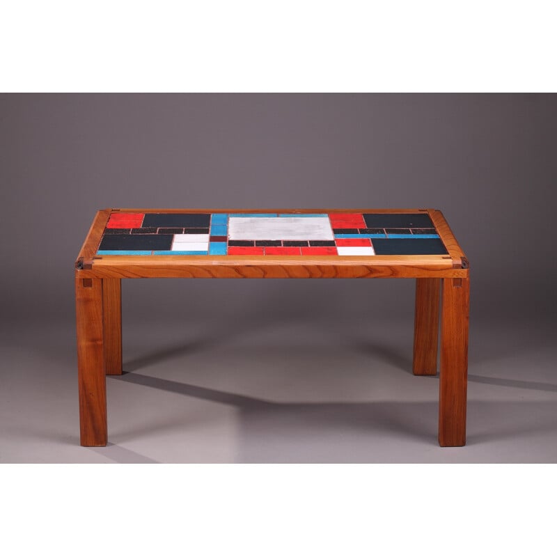 Coffee table in solid elm and ceramic tiles by Pierre Chapo - 1960s