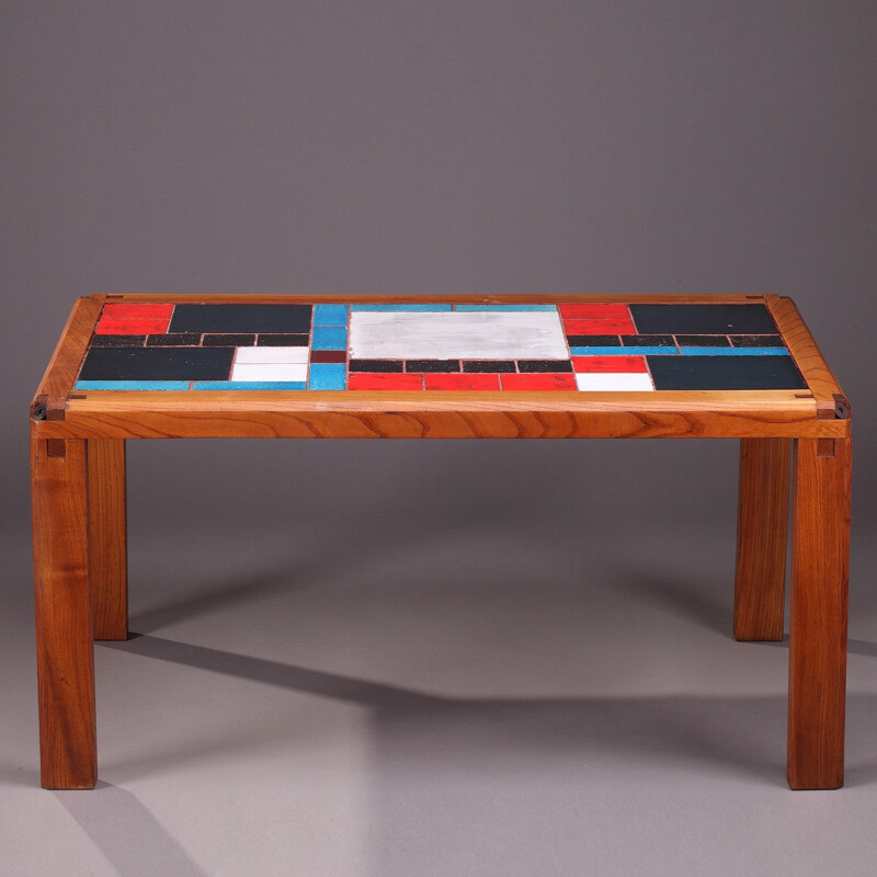 Coffee table in solid elm and ceramic tiles by Pierre Chapo - 1960s