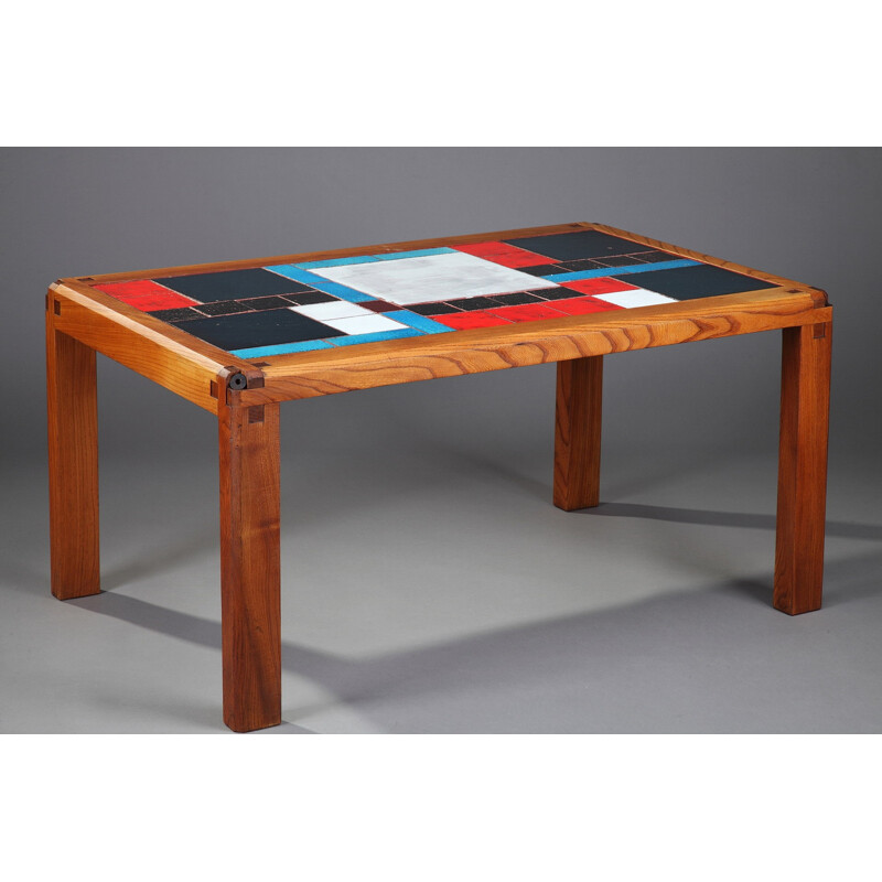 Coffee table in solid elm and ceramic tiles by Pierre Chapo - 1960s