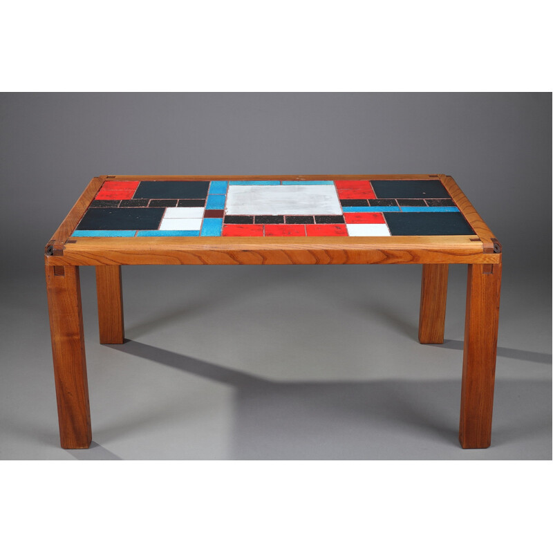 Coffee table in solid elm and ceramic tiles by Pierre Chapo - 1960s