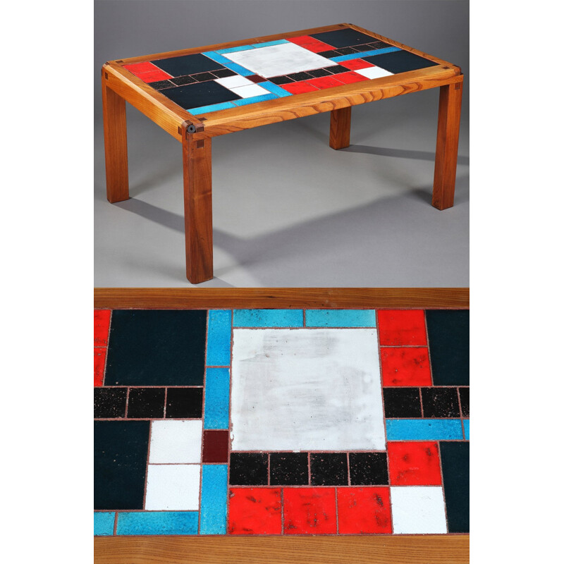 Coffee table in solid elm and ceramic tiles by Pierre Chapo - 1960s