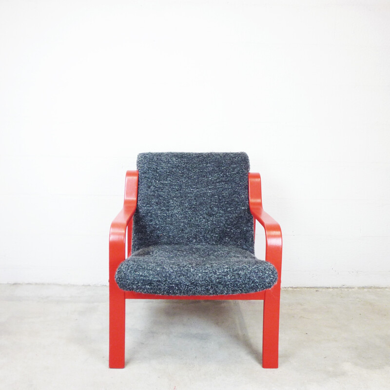 Vintage armchair in red painted wood and grey wool - 1980s