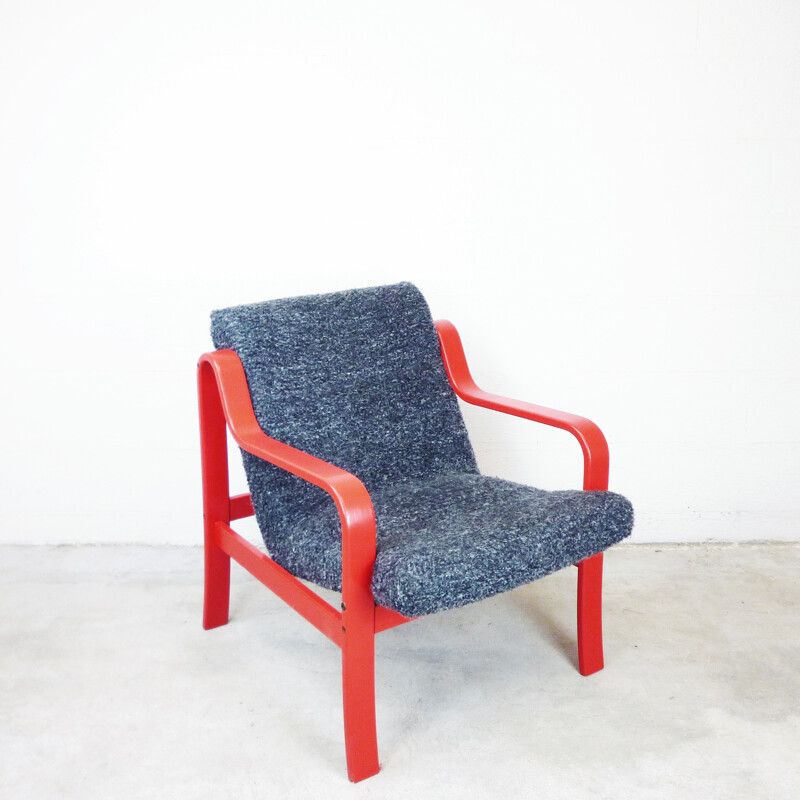 Vintage armchair in red painted wood and grey wool - 1980s