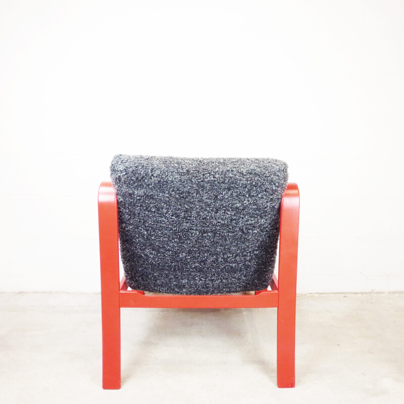 Vintage armchair in red painted wood and grey wool - 1980s