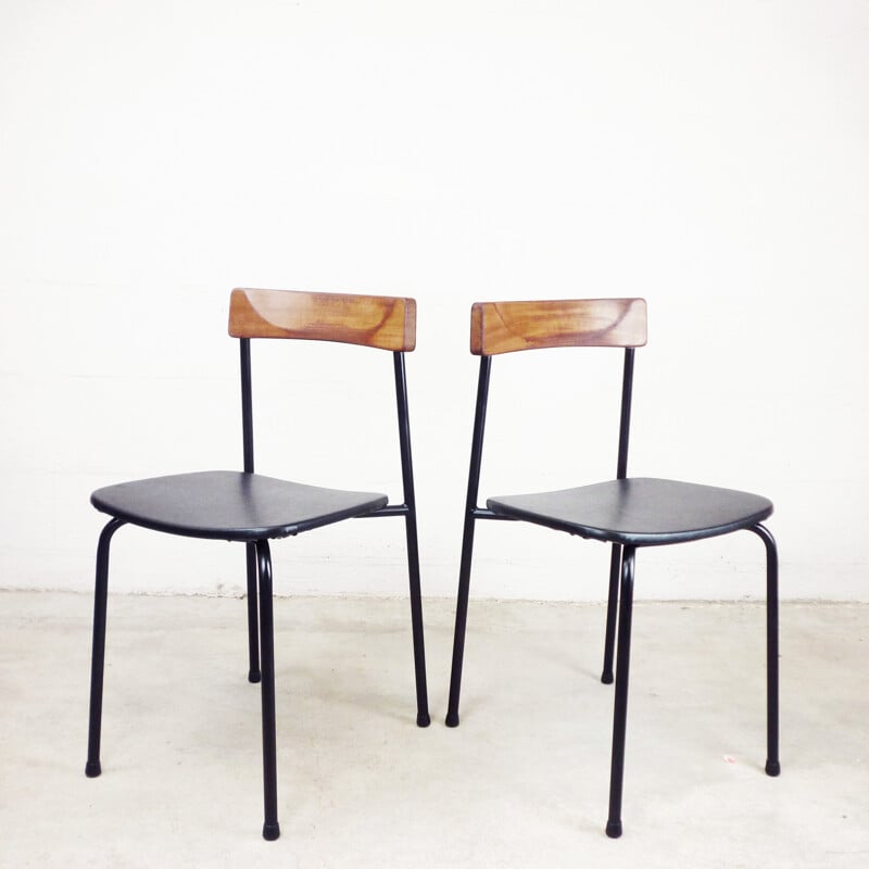 Pair of industrial chairs in wood and metal - 1970s