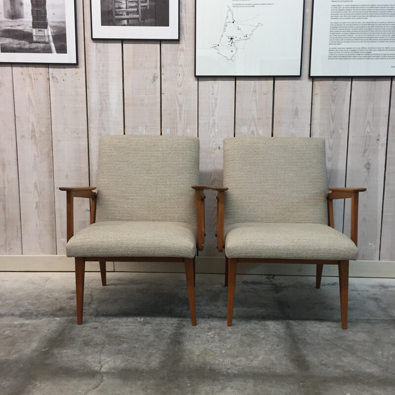 Pair of ashwood armchair by R.Debiève  - 1950s 