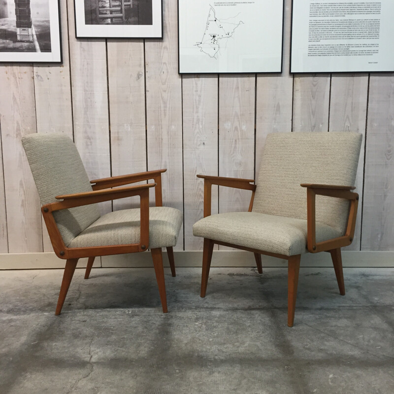 Pair of ashwood armchair by R.Debiève  - 1950s 