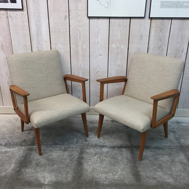 Pair of ashwood armchair by R.Debiève  - 1950s 